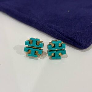 Tory Burch Gold and Turquoise Logo Stud Earrings